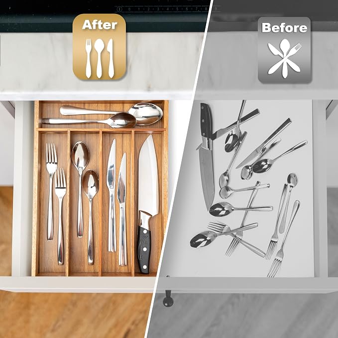 Besilord Silverware Organizer Kitchen Drawer Organizer Utensil Organizer Acacia Silverware Holder Cutlery Organizer in Drawer Flatware Organizer Tray(5 slots, Acacia - Image 5