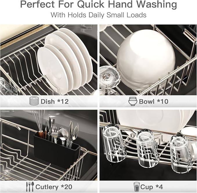 Dish Drying Rack Over The Sink with Utensil Holder, Mat | Expandable Stainless Steel Dish Drainer for Small Kitchen, Apartment, RV, Counter Space Saving, Perfect Fit, Rustproof - Image 7