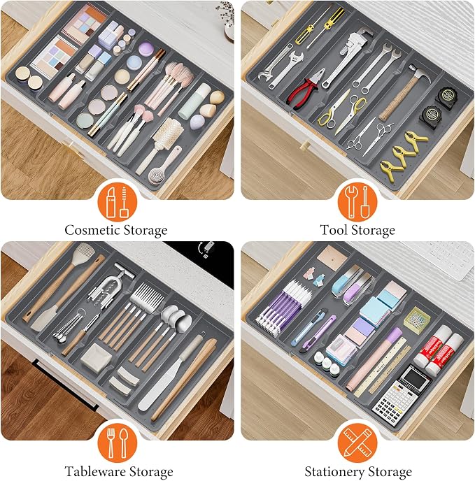 Large Expandable Silverware Drawer Organizer, Utensil Tray | Kitchen Drawer Organizer for Spoons/Forks/Knives, Multipurpose & BPA Free Cutlery Tray(1 Pack, Gray) - Image 7