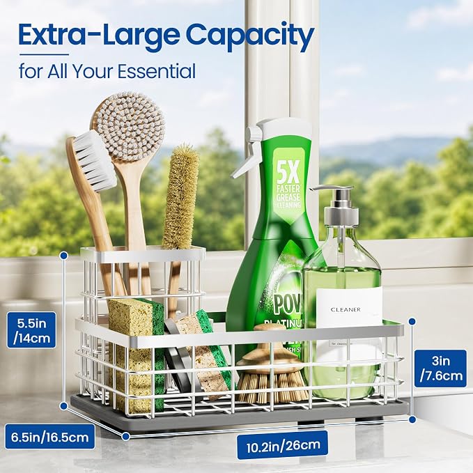 Kitchen Sink Organizer, Large Sink Caddy with Sponge Holder & Diatomite Mat | Cleaning Supplies in One Place, Kitchen Countertop Organizer, Home Essentials, Brush Holder, Quick Dry Tray, Fewer Puddles - Image 2