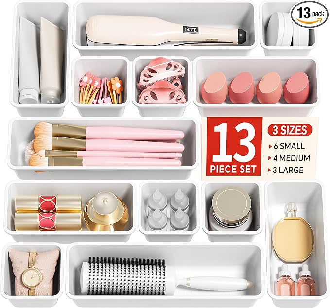 Canfanni 13 Pack Plastic Drawer Organizers Set, 3 Sizes Desk Drawer Organizer Trays for Vanity and Makeup Organizer, Organization and Storage for Makeup, Kitchen Utensils, Bathroom and Office(White) by Canfanni