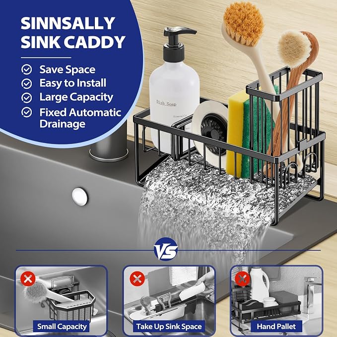 Sinnsally Kitchen Sponge Holder,Sink Caddy Organizer with Brush Holder,Stainless Steel Sink Box Dish Scrubber Holder with Self Drain Tray,Soap Dispenser Kitchen Storage Accessories(1 Tier-Black) - Image 2