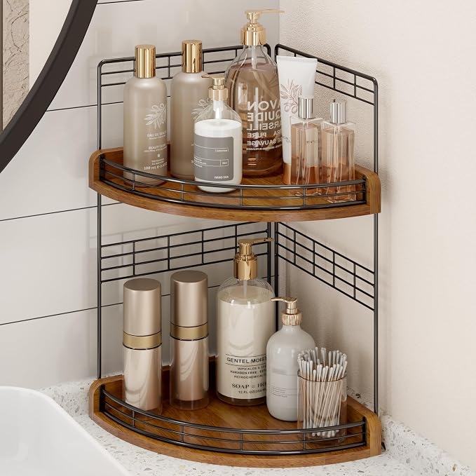 Bathroom Countertop Corner Organizer for Small Spaces, 2-Tier Counter Shelf | Oak Wood & Iron, Fan-Shaped Counter Shelf for Sink & Vanity Corners, Skincare, Toiletries, Compact Vertical Storage, Walnut by JNFUZ