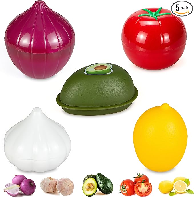 Vegetable and Fruit Storage Containers for Refrigerator, Pack of 5 | Lemon Tomato Garlic Avocado and Onion Storage, Food Storage Containers with Lids by PIVNASY