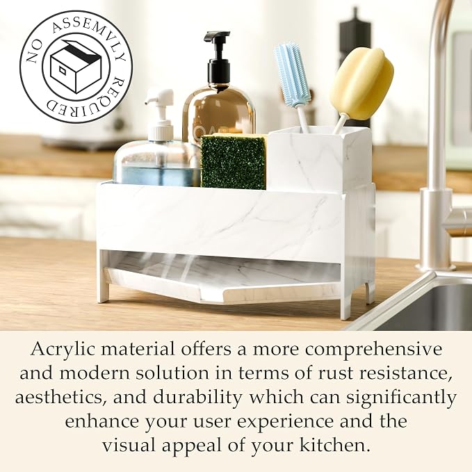 TIDIIABODE Sink Caddy Organizer for Kitchen Counter - White Marble Acrylic Sponge & Soap Bar Holder with Brush Slot, 9.2" Wide Countertop Storage Rack, Self-Draining, Rustproof - Image 5