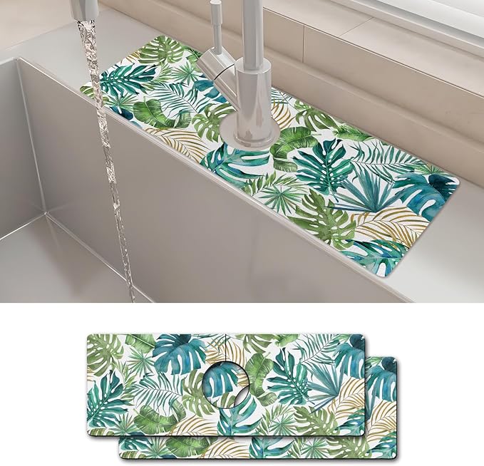 2PCS 15" X 5.5" Kitchen Sink Splash Guard Faucet Mat Leaf Super Absorbent Fast Drying Faucet Guard & Draining Mat Sink Splash Guard Behind Faucet for Kitchen, Bathroom by Unknown