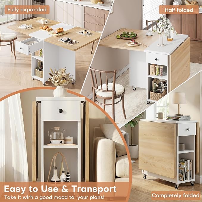 Jocoevol Folding Dining Table for Small Spaces, Foldable Kitchen Table with Drawer, 2-Tier Storage Shelf & Wheels, Space Saving Dining Table for 2 4, Farmhouse, Natural - Image 3
