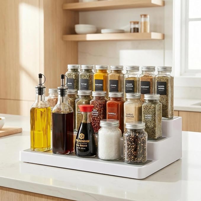 YAN & HIN 3 Tier Spice Rack Organizer for Cabinet, 3 Pack Non-Slip Spice Rack Shelf Organizer, Holds 24+ Jars, Plastic Spice Organizer for Cabinet, Pantry & Kitchen Countertop, White - Image 8