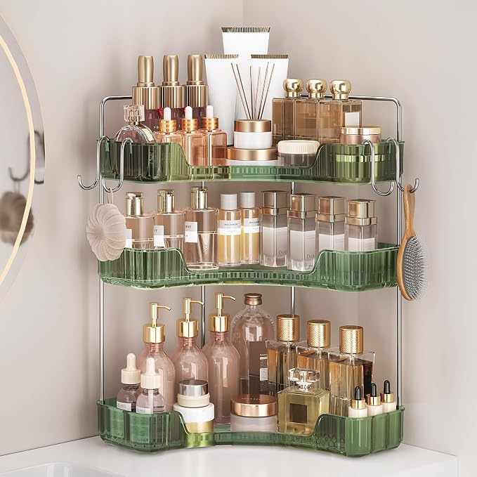 3-Tier Green Corner Organizer, PET Counter Storage with Hooks | Multi-Surface Organizer for Bathroom Vanity & Kitchen Countertop by Kinkota