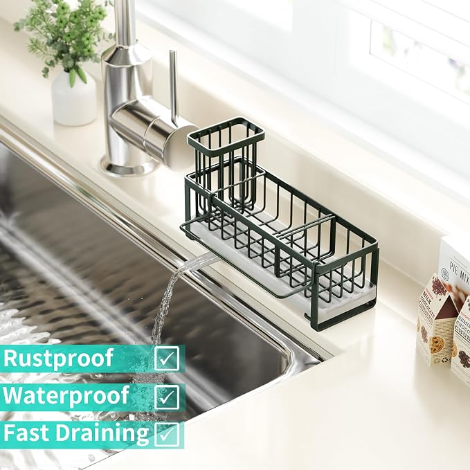 HapiRm Sponge Holder for Kitchen Sink - Self-draining Sink Caddy with Brush and Dishcloth Holders, Stainless Steel Kitchen Organizer for Countertop - Green - Image 5