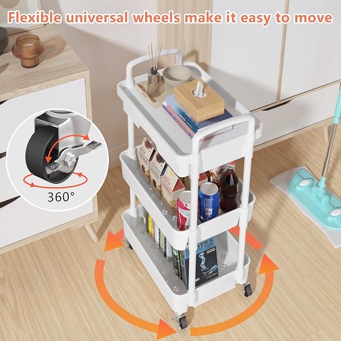 Calmootey 3-Tier Utility Cart with Drawer & Wheels, Storage for Home,Office | Space-Saving Organizer, Sturdy Plastic Shelves, Smooth-Rolling Metal Wheels, Built-in Drawer for Small Items, White - Image 8