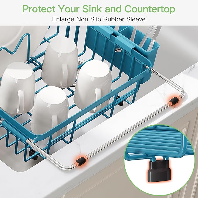 JASIWAY Blue Dish Drying Rack Over the Sink with Utensil Holder | Expandable Stainless Steel Dish Driainers for Small Kitchen, Apartment, Counter Space Saving, Fast Drain, Rust Resistant - Image 7