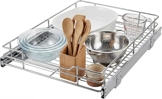 Garvee Pull Out Cabinet Organizer, 15" W X 21" D, Heavy Duty Slide Out Kitchen Organizers and Storage, Full-Extension Roll out Shelf and Drawer for Pots, Pans & Under Sink Storage, Chrome Finish by Garvee