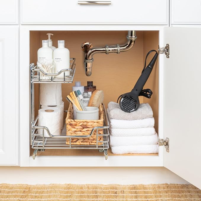 Household Essentials Glidez 2‑Tier Multipurpose Chrome‑Plated Steel Pull‑Out/Slide‑Out Under Sink Organizer, Chrome Finish - Image 2