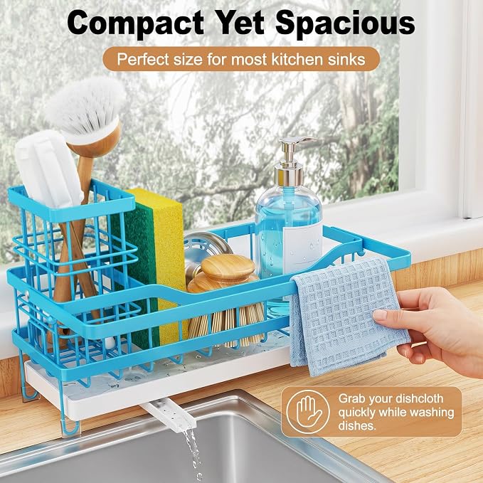 Sponge Holder for Kitchen Sink, Self-draining Sink Caddy with Towel Rack and Brush Holder, Metal Kitchen Countertop Organizers and Storage Essentials, Blue - Image 4