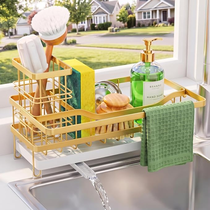 Sponge Holder for Kitchen Sink, Self-draining Sink Caddy, Gold | Metal Countertop Organizer with Towel Rack & Brush Holder, Rustproof Sink Storage Rack for Dish Soap and Cleaning Essentials - Image 8