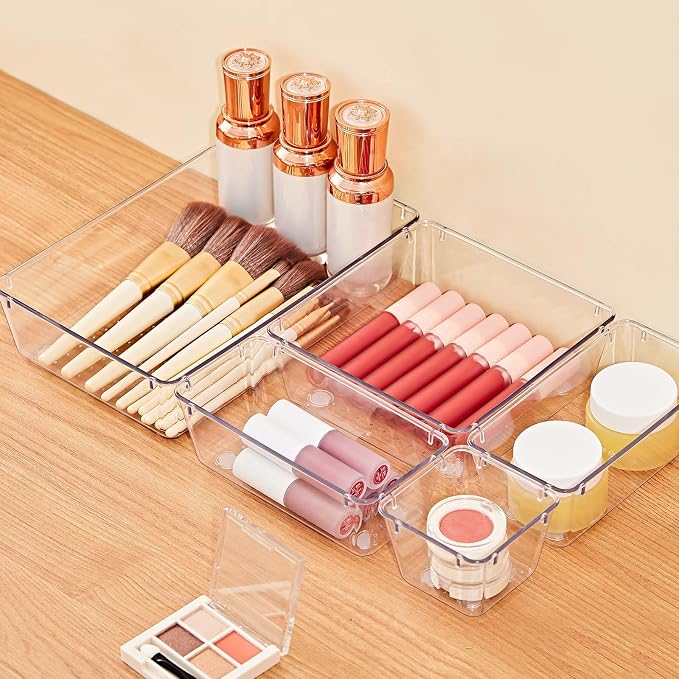 SMARTAKE 13-Piece Drawer Organizers with Non-Slip Silicone Pads, 5-Size | Clear Desk Bathroom Drawer Organizer Trays Storage Tray for Makeup, Jewelry, Utensils in Bedroom Dresser, Office and Kitchen - Image 2