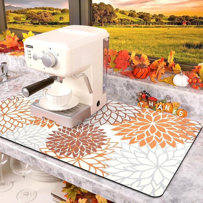 Findosom 2PCS 17" x 32" Fall Dish Drying Mat & 24" x 5.5" Sink Splash Guard, Super Absorbent & Cuttable Dish Mat Drying Kitchen Mat with Orange Floral, Hide Stain Drying Mat for Kitchen Counter - Image 8