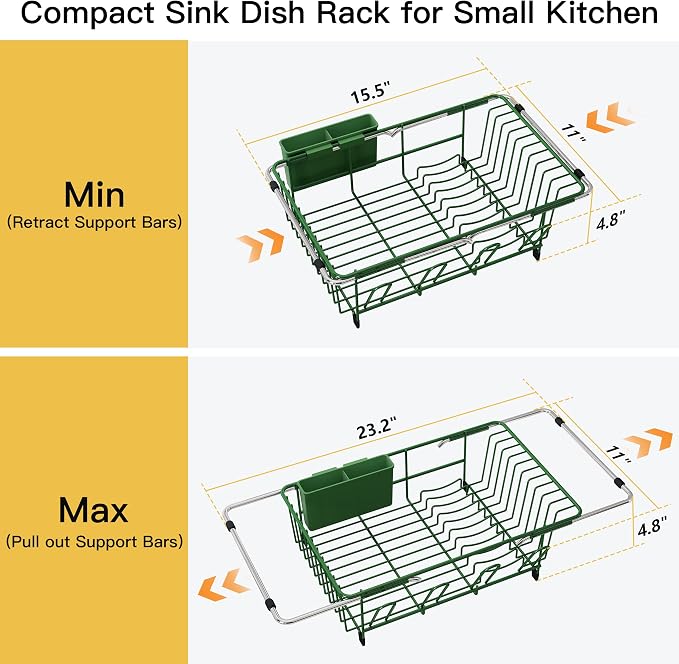 JASIWAY Green Dish Drying Rack in Sink, Dish Drainer with Utensil Holder | Over The Sink Expandable Stainless Steel Strainer Dryer Rack for Small Kitchen, Counter Space Saving, Fast Drain, Rustproof - Image 4