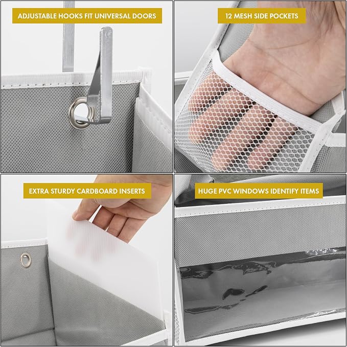 Over the Door Organizer, 6-Tier, 100D Fabric, Light Gray 2pc | Over the door shoe organizer, 50 lbs capacity, 12 side mesh pockets, 100D extra thick fabric, Closet & entryway storage - Image 7