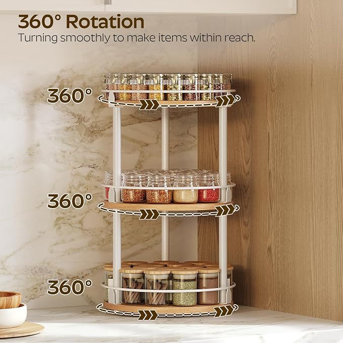 3-Tier Lazy Susan Organizer, Rotating Spice Rack, Spinning Organizer, Industrial Turntable Spice Rack Organizer for Cabinet, Kitchen Countertop, Pantry, White and Natural SR23WN - Image 2