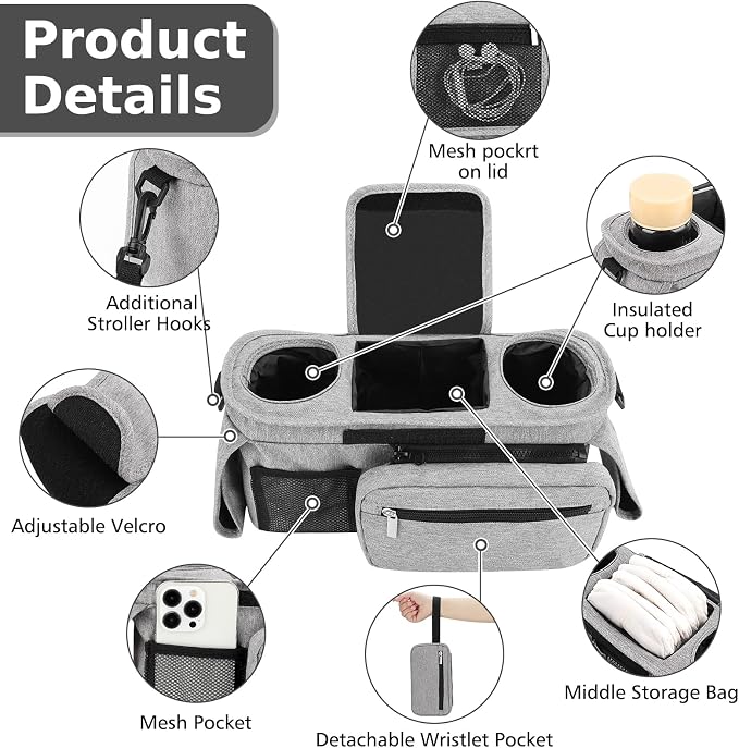 Accmor Universal Stroller Organizer with Insulated Cup Holder Detachable Phone Bag and Shoulder Strap,Stroller Bag Caddy Organizer for Uppababy, Baby Jogger, Britax Strollers - Image 4