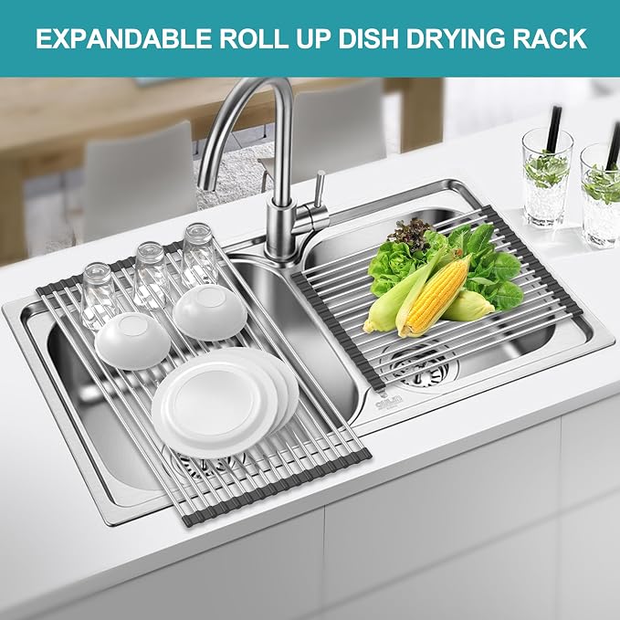 Extra Large Expandable Roll Up Dish Drying Rack,Over The Sink Drying Rack Sink Cover Kitchen Sink Accessories Kitchen Rolling up Stainless Steel Drainer, Foldable,Rollable（Black，22.8''-12.4''） - Image 4