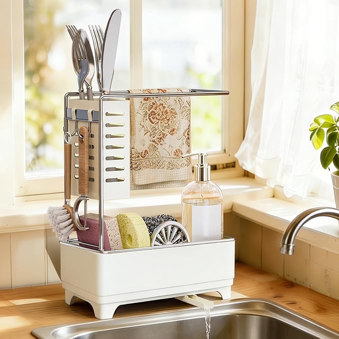 MOUKABAL 2-Tier Sponge Holder for Kitchen Sink Caddy Organizer,Off-white | Large Capacity/Rustproof Stainless Steel/360° Rotating Drain Keeps Counter Dry/Holds Sponge & Soap Bottle/Easy-Clean Tray by MOUKABALGREATHELPER