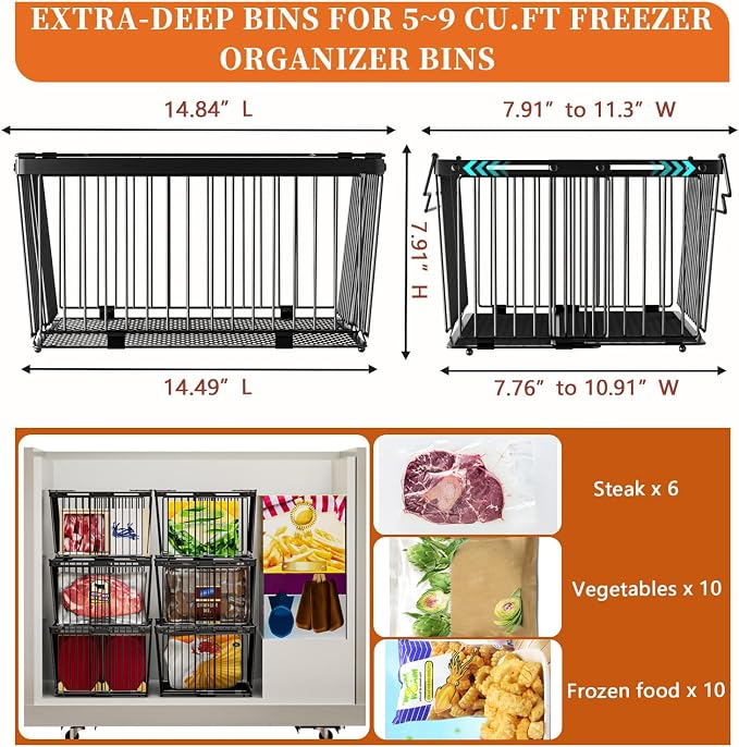 Large Freezer Organizer Bins for 5 to 9 Cu.Ft,Leak-Proof Bottom，4Pack | ANJUBANFreezer Organizer Bins, Stackable,expandable,foldable,With handle Wire Storage Container Baskets for Sort Frozen Meats - Image 5