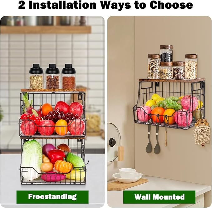 Livabber Fruit Basket for Kitchen, Metal Fruit Vegetable Storage Bin with 2 Banana Hangers, Countertop Wire Basket Organizer for Snack Potato Onion, Screw Mounted or Stand (Black, 2 Pack) - Image 6