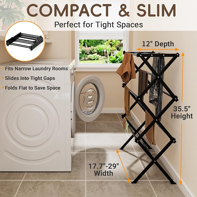 Foldable Clothes Drying Rack, Sleek Black for Modern Apartment | Sleek black for modern home, holds 35 lbs, rustproof carbon steel, indoor & outdoor, tool-free - Image 2