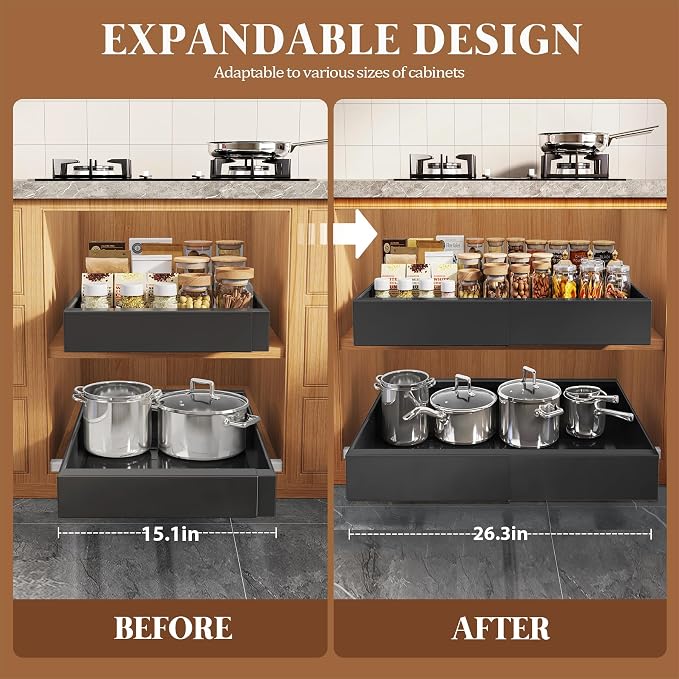 Seinloes 4 Pack Expandable Pull Out Cabinet Organizer 21"Deep With Raising Pad for Framed Cabinets,Upgrade 3 Slide Rails Slide Out Drawers,No Drill Roll Out Shelves,Adjustable Width 15.1"-26.3" Black - Image 4