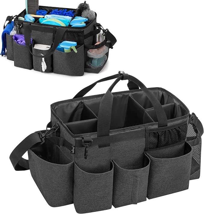 LoDrid Wearable Cleaning Caddy Bag with 4 Foldable Dividers, Black | Cleaning Supply Organizer with Shoulder Strap and Side Handles for Cleaners & Housekeepers by LoDridDirect