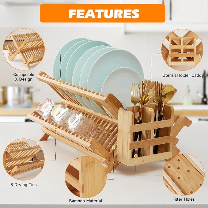 Bamboo Dish Drying Rack, 3-Tier Collapsible Wooden Dish Rack with Utensil Holder, Bamboo Dish Drainer Rack for Kitchen Counter 25pcs | Wooden Dish Drying Rack with Utensil Holder for Kitchen Counter, Large Folding Drying Holder, Dish Drainer - Image 2
