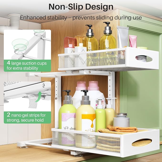 Under Sink Organizer, 2 Tier Pull out Cabinet Organizer Baskets with Mesh Sliding Drawers, Slide out Storage Shelf for Home, Kitchen, Bathroom, Pantry, Office Cabinet(1 Pack, White) - Image 6