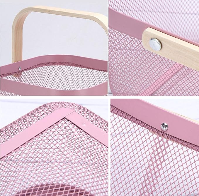 AJIODA Metal Mesh Steel Basket, Storage Organizer Basket Multi-functional Hanging Kitchen Baskets Fruit Basket Bin with Bamboo Handle for Kitchen Bathroom Picnic Shopping Decor Cabinet Home, Pink - Image 6