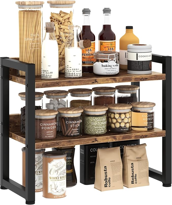 Kitchen Countertop Organizer Shelf, 3 Tier Spice Rack Wood Coffee Counter Shelf Kitchen Cabinet Organizer with Metal Leg for Countertop, Pantry, Bathroom Countertop Organizer, Rustic Brown by STAFOPO