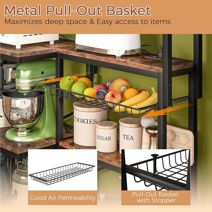 4-Tier L-Shaped Baker's Rack with Power Outlet, Corner Coffee Bar, Brown | Kitchen Appliance Storage, Pull Out Basket, 6 Hooks and Flexible Installation Options for Kitchen, Balcony, Living Room - Image 3