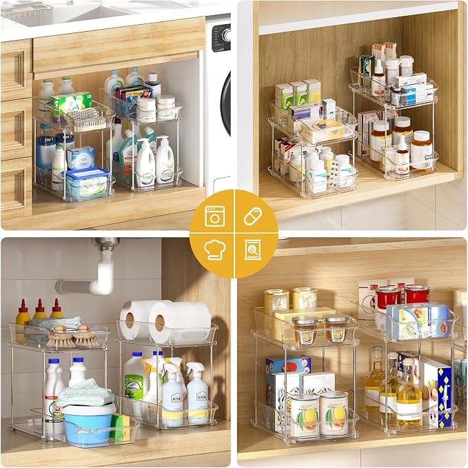 Delamu 2-Tier Under Sink Organizers and Storage, Multi-Purpose Stackable Bathroom Cabinet organizers, Pull Out Kitchen Pantry Organization and Storage with Dividers(3 Pack, Clear) - Image 4