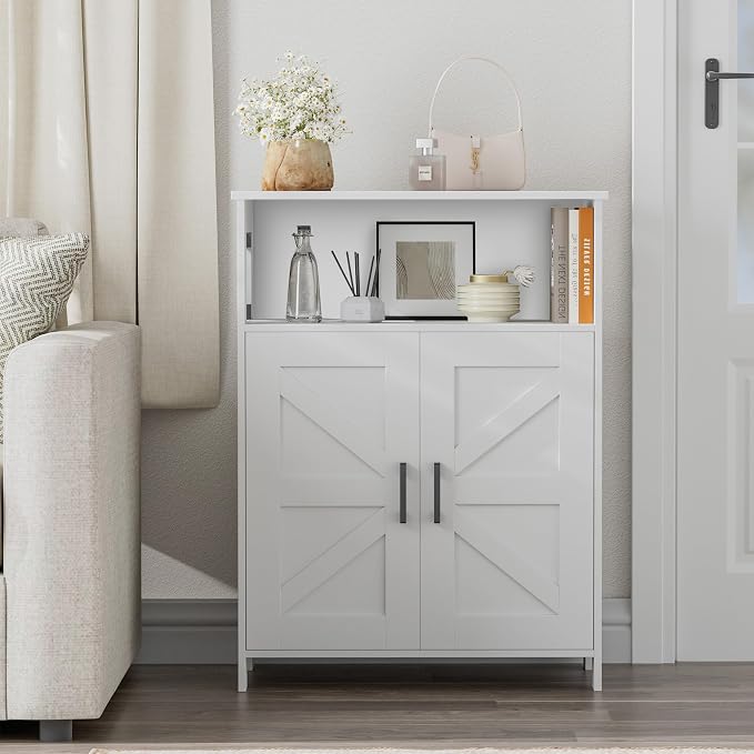 Homhedy Farmhouse Bathroom Storage Cabinet with Doors, Small Floor Cabinet | Toilet Paper Cabinet with Adjustable Shelf, Freestanding Storage Cabinet for Kitchen/Laundry/Living Room, 24"W, White - Image 8