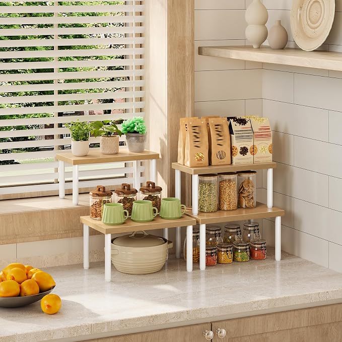 HOOBRO Cabinet Organizer Shelf, Set of 4, Kitchen Countertop Organizer, Kitchen Storage, Spice Rack for cabinet, Stackable, Expandable, for Countertop,kitchen,cabinet, White and Natural WN15TLP201 - Image 3