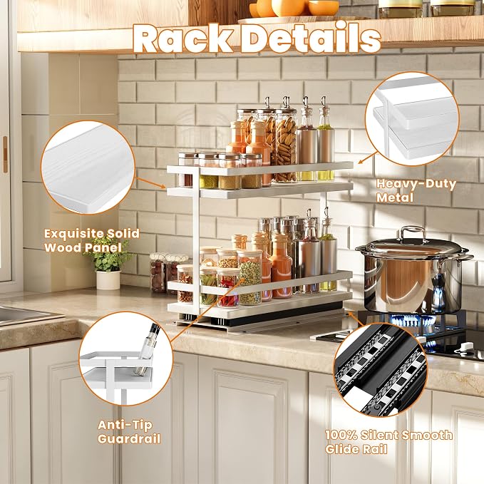 Pull Out Spice Rack 4Pcs Metal & Wood Seasoning Organizer White | No-Drill Install | Full-Extension Silent Glide | Each Tier Holds 10–12 Standard Spice Bottles | Rustproof, Wipe-Clean Surface - Image 4