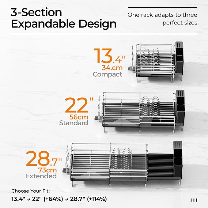Delamu Stainless Steel Dish Drying Rack, Expandable Dish Drainer | Anti-Rust Dish Racks for Kitchen Counter, Dish Strainers with Drainboard, Utensil & Cup Holder, 13.4"-28.7" L x 11.8" W - Image 6