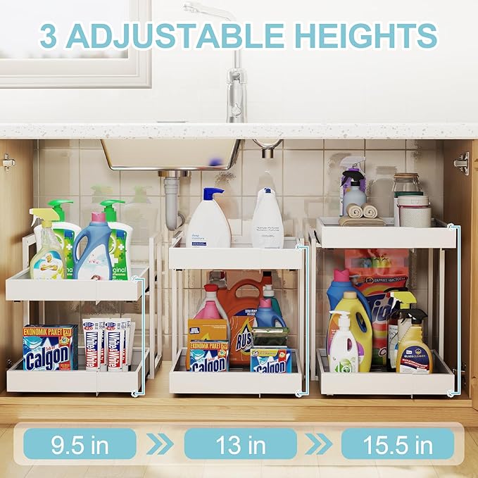2-Tier Expandable Pull Out Cabinet Organizer, Cabinet Drawers, 21"D | Cabinet Pull Out shelves, Adjustable Pantry Drawers, Slide Out Drawers for Kitchen Cabinets, Under Sink Organizer,Large White - Image 4
