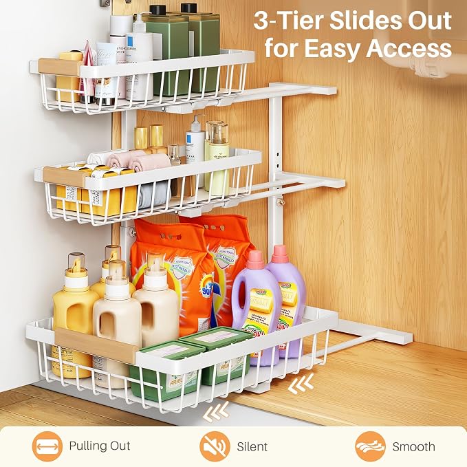PXRACK Under Sink Organizer, 2-Pack 3-Tier Height Adjustable Thickened Metal Pull out Cabinet Organizer Shelf, Slide out Storage Drawer Rack for Bathroom Kitchen Pantry Home Organization, White - Image 5