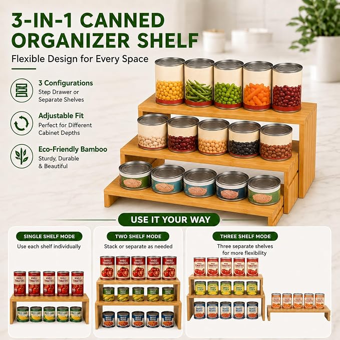 Expandable Bamboo Can Organizers and Storage Rack for Pantry Cabinets 2 Set | 100% Natural Bamboo,Expandable 3 Ties,Adjustable Depth for Pantry Cabinets,s sets,Spice Rack and Canned Food Organizer - Image 7
