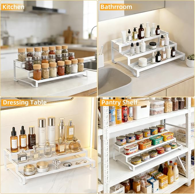 2 Pack Spice Rack Organizer for Cabinet, 13-21.5" Expandable Spicy Shelf | 9.45" Depth 3-Tier White Metal Seasoning Organizer, Kitchen Spice Organization, Slip-Resistant Guardrails for Jars and Cans - Image 6