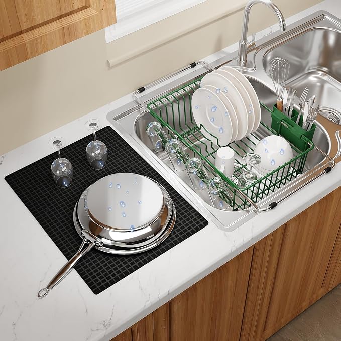 Grey Dish Drying Rack Over The Sink with Utensil Holder, Mat | Expandable Stainless Steel Dish Drainer for Small Kitchen, Apartment, RV, Counter Space Saving, Perfect Fit, Rustproof by MAJALiS
