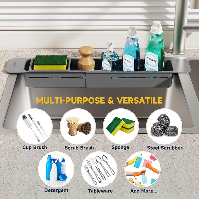 NiHome Extendable Kitchen Sink Caddy Extra Long Brush Sponge Storage Holder | Expandable Kitchen In Sink Organizer Extra Long for Brush Sponge with Drainage, Adjustable Length Non-Slip Pads (Dark Gray) - Image 7