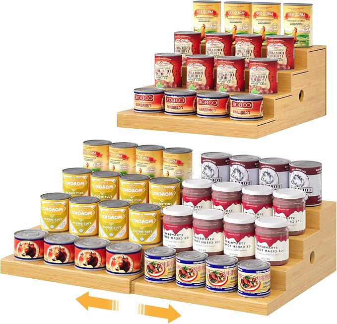4-Tier Expandable Bamboo Can Storage Rack for Pantry, Holds Up to 32 Cans | Adjustable Can Organizer & Soda Can Dispenser, Canned Goods Display Shelf for Cabinets & Countertops (Patent Pending) by NuoyuanShen